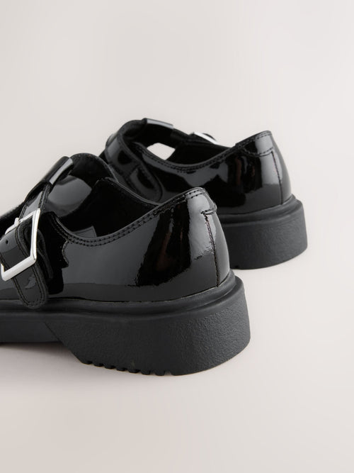 Black Chunky Leather T-Bar School Shoes