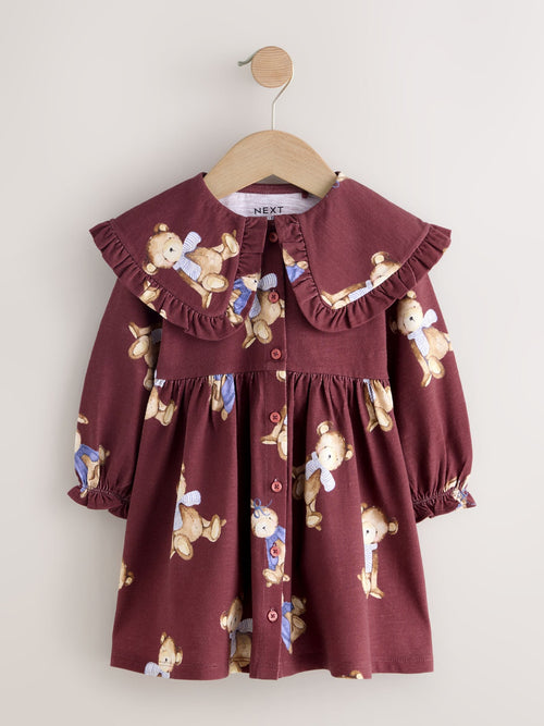 Burgundy Teddy Bear Long Sleeve Collared Dress (3mths-7yrs)