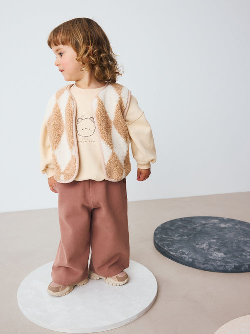 Neutral Teddy Bear Gilet, Sweatshirt & Wide Leg Joggers 3 Piece Set (3mths-7yrs)