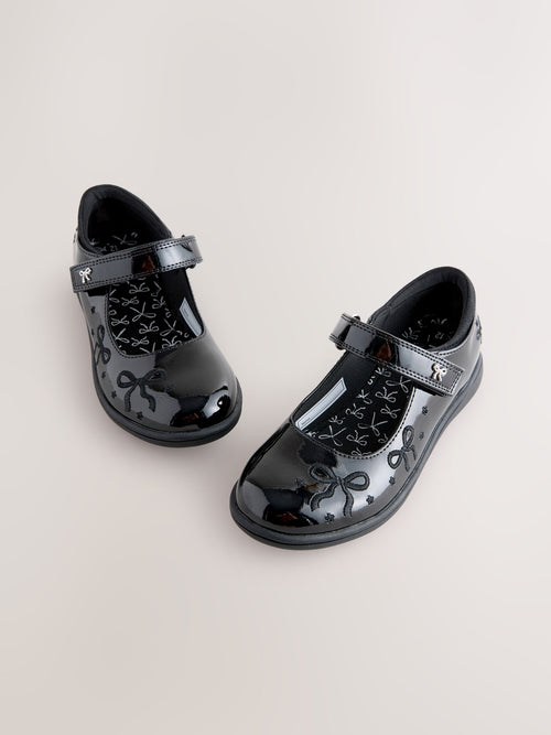 Black Patent Standard Fit (F) Embroidery Bow Mary Jane School Shoes