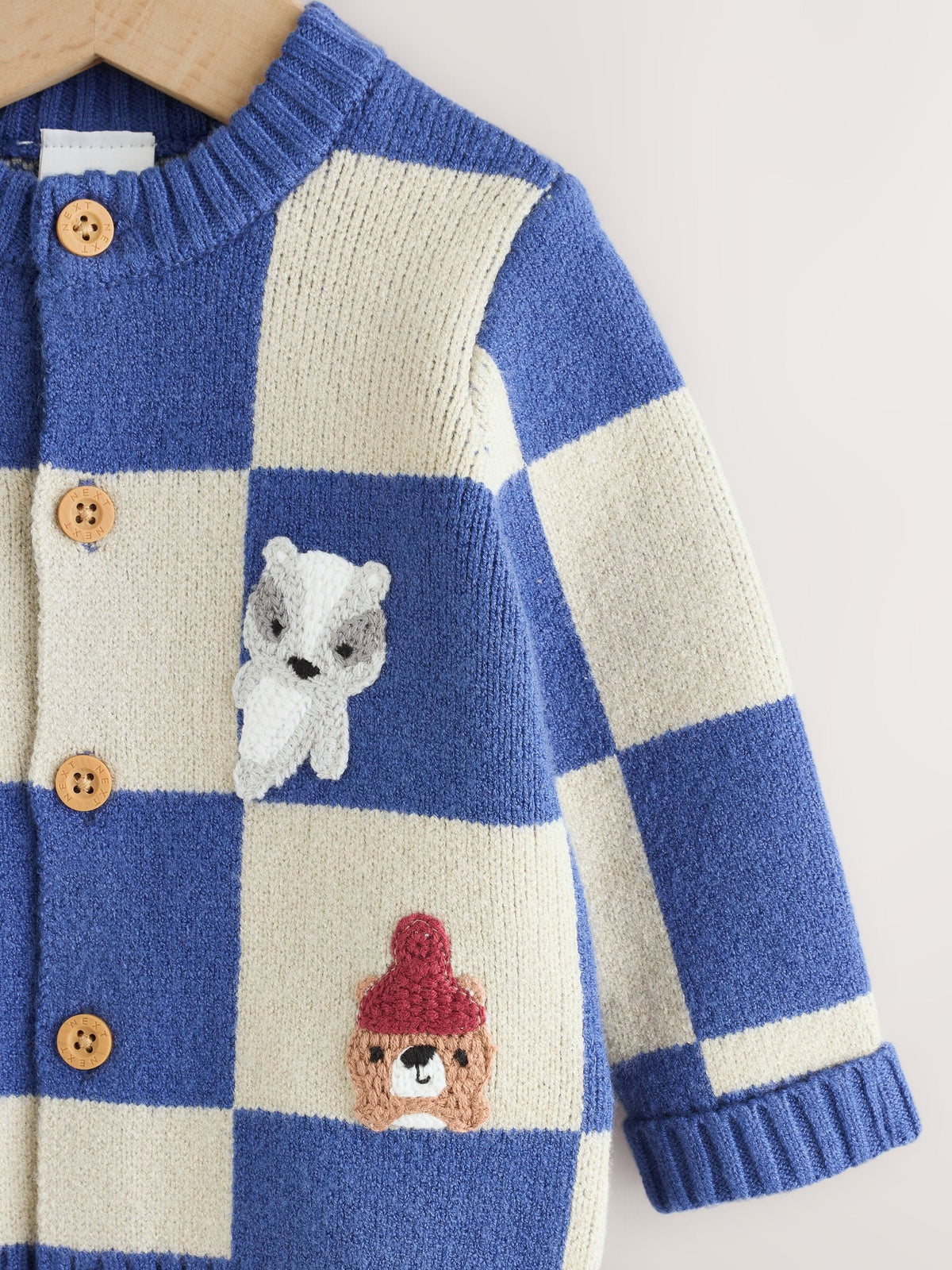 Blue Checkerboard Embroidered Character Baby Knitted Cardigan (0mths-2yrs)