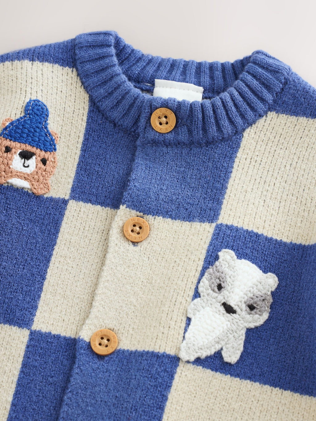 Blue Checkerboard Embroidered Character Baby Knitted Cardigan (0mths-2yrs)