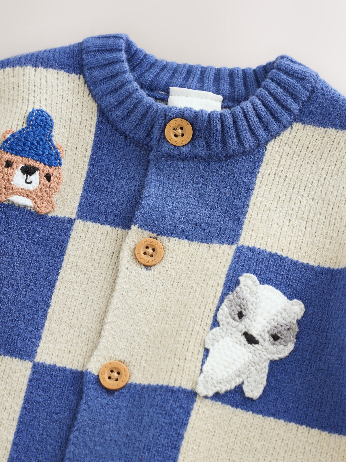 Blue Checkerboard Embroidered Character Baby Knitted Cardigan (0mths-2yrs)