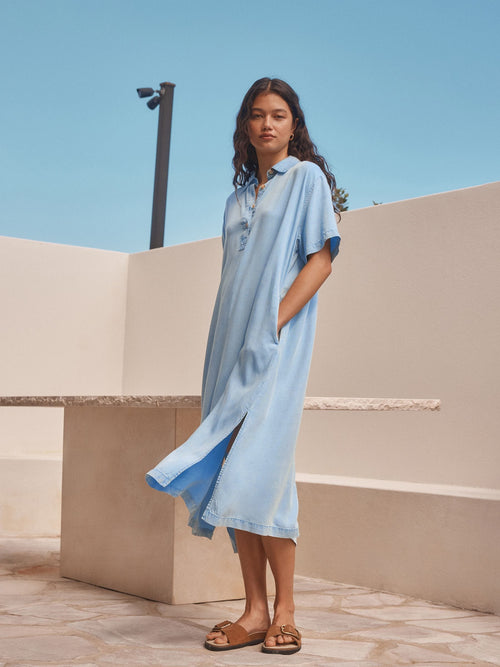 Mid Blue Lightweight TENCEL™ Denim Beach Midi Kaftan Dress