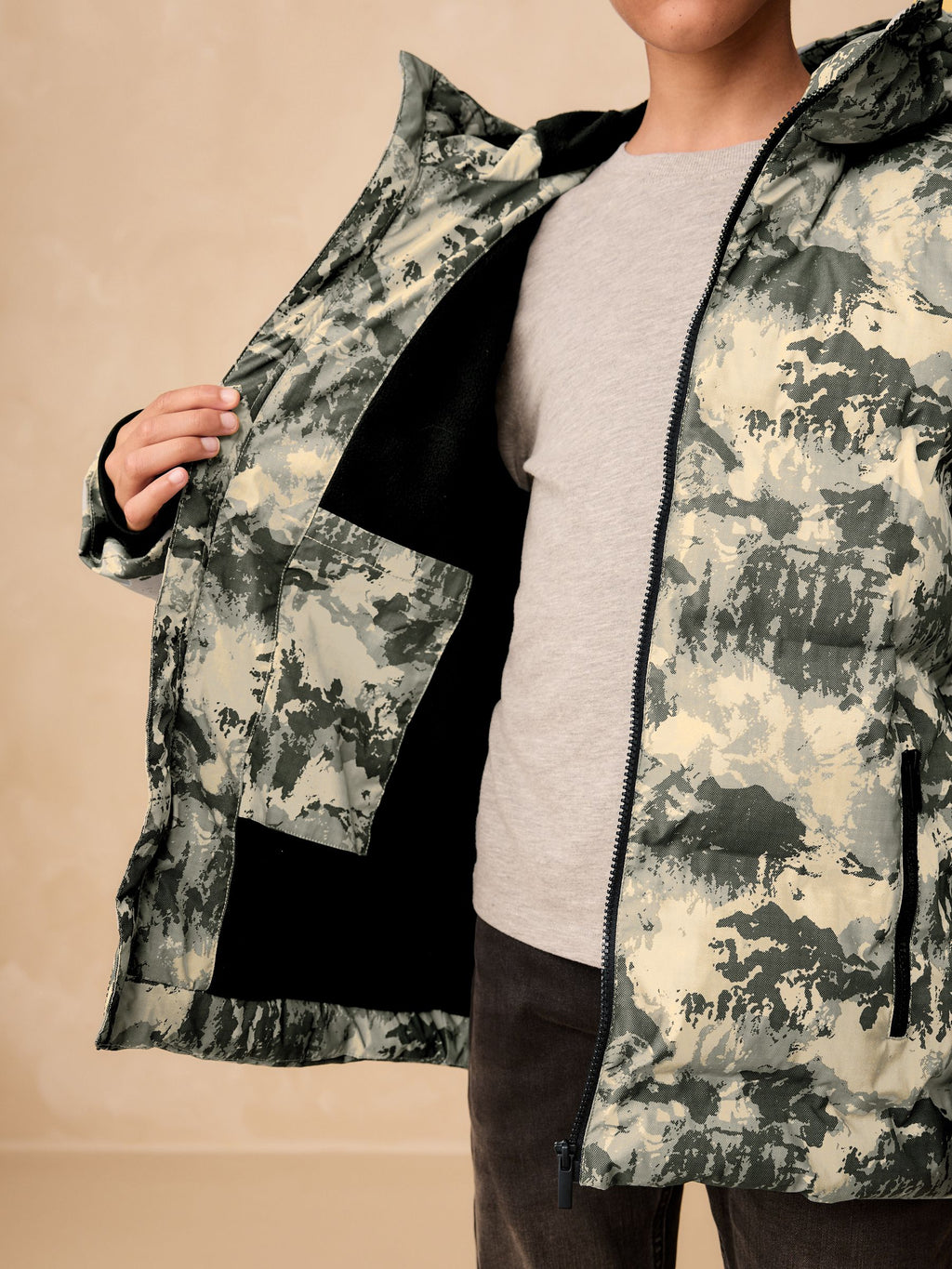 Grey Camoflauge Shower Resistant Microfleece Lined Padded Coat (3-16yrs)