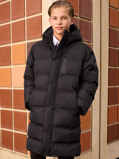 Black Waterproof Long Line Fleece Lined Puffer Coat (3-17yrs)