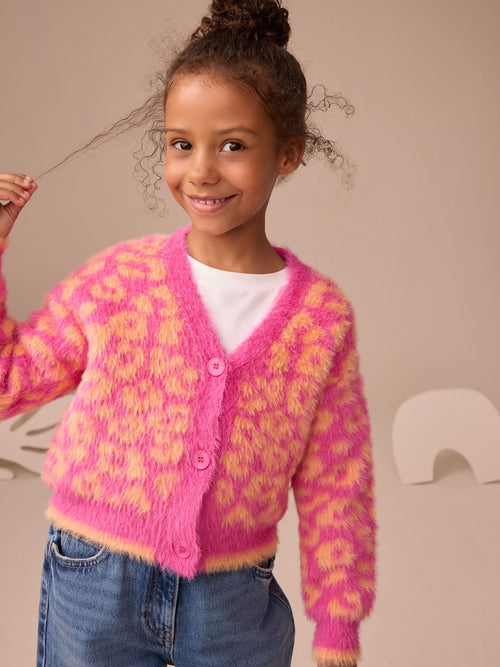 Pink and Orange Leopard Boxy Cardigan (3-16yrs)