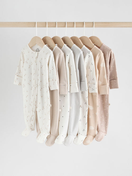 Neutral 7 Pack Two Way Zip Baby Sleepsuits (0-2yrs)