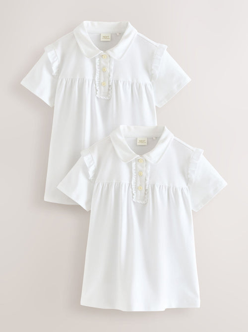 White 2 Pack Girls Cotton Stretch Frill Shoulder School Polo Tops (3-16yrs)
