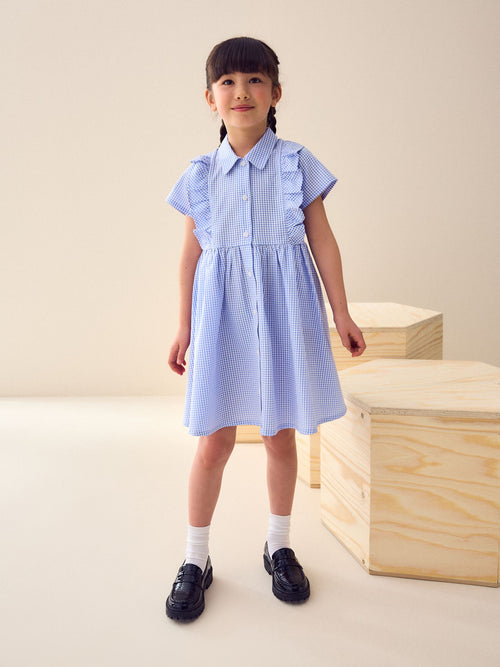 Blue Cotton Rich Frill Gingham School Dress (3-14yrs)