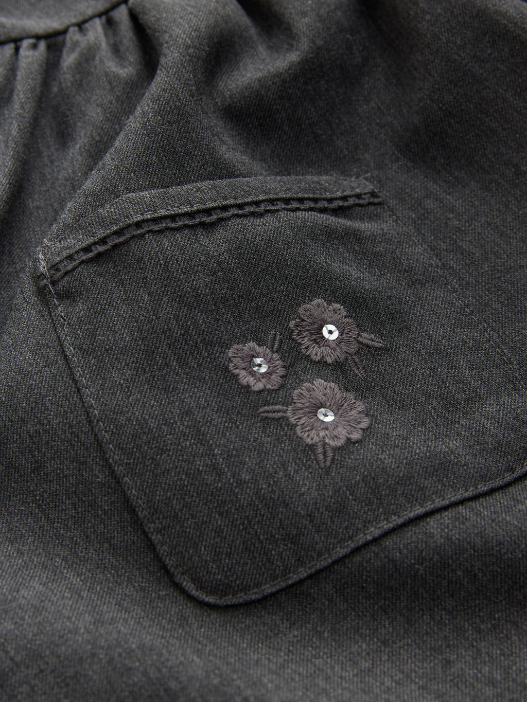 Grey Button Front Embroidered Pinafore School Dress (3-14yrs)