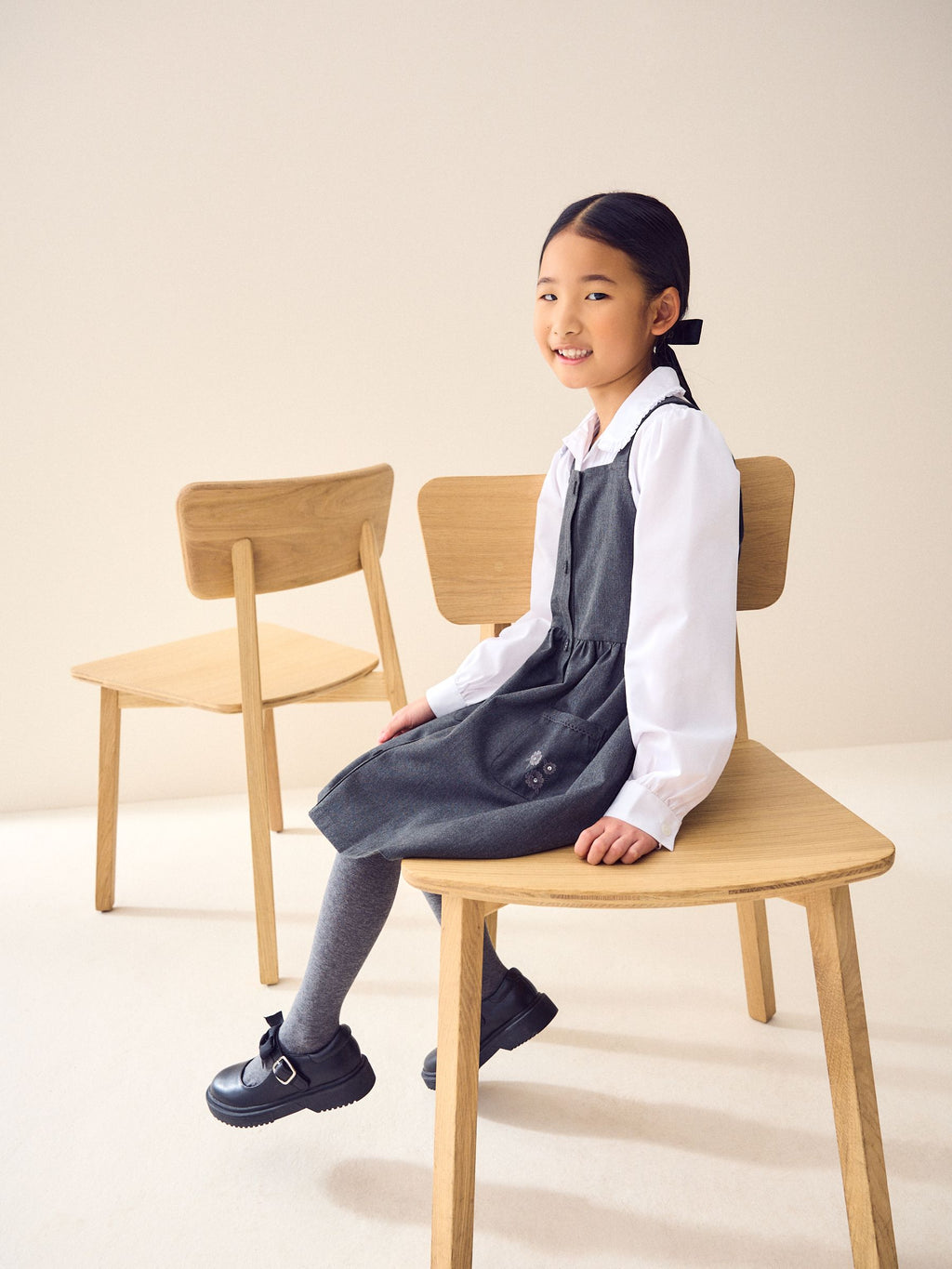 Grey Button Front Embroidered Pinafore School Dress (3-14yrs)