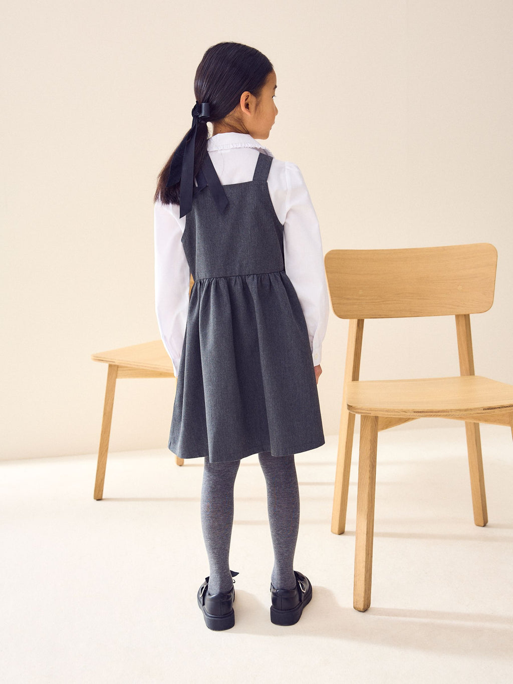 Grey Button Front Embroidered Pinafore School Dress (3-14yrs)