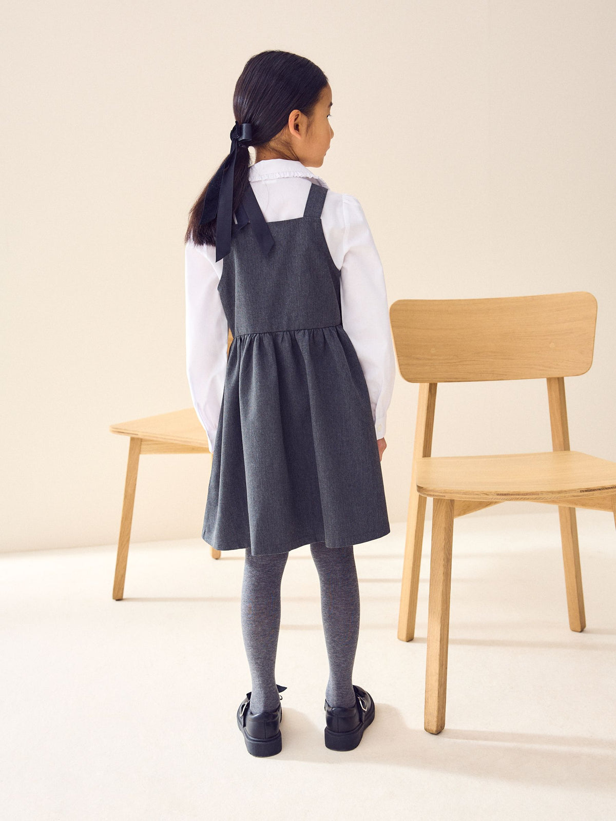 Grey Button Front Embroidered Pinafore School Dress (3-14yrs)