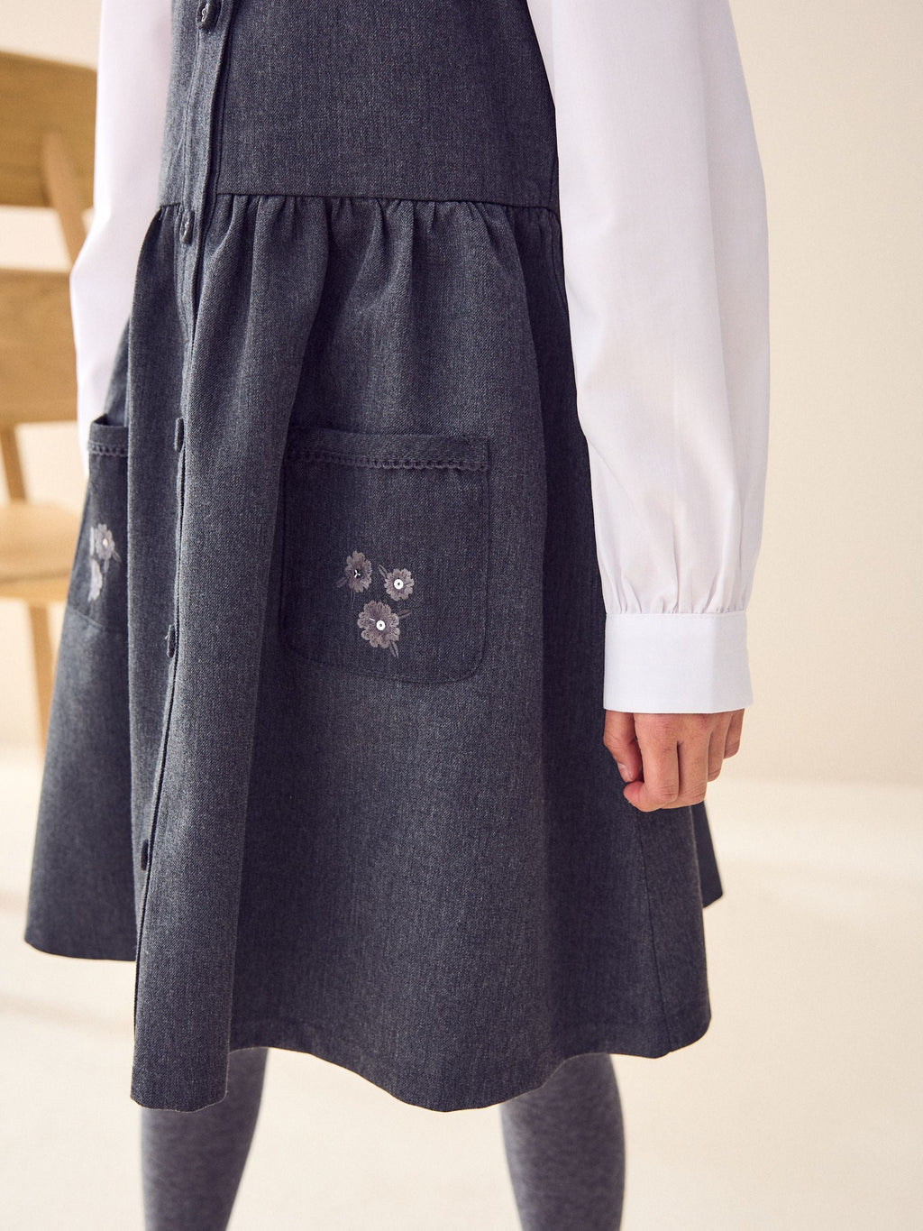 Grey Button Front Embroidered Pinafore School Dress (3-14yrs)