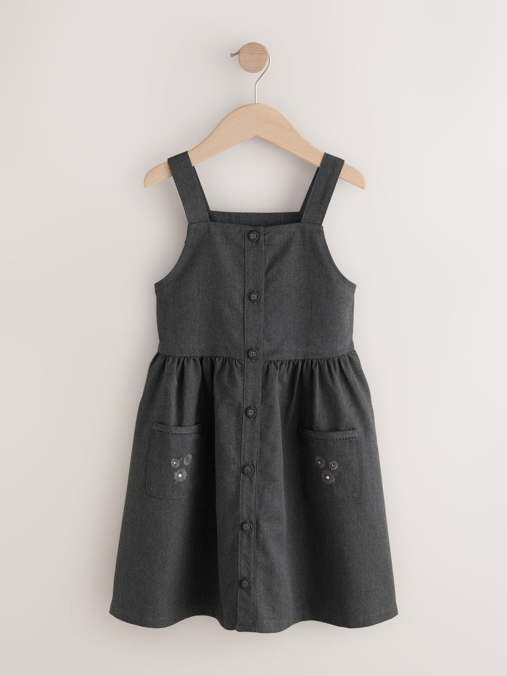 Grey Button Front Embroidered Pinafore School Dress (3-14yrs)
