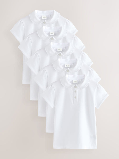White Girls 5 Pack Cotton Stretch Frill Collar School Polo Tops (3-16yrs)