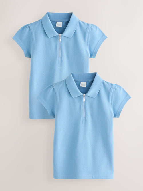 Blue Girls 2 Pack 100% Cotton Zip Polo Shirts (3-16yrs)