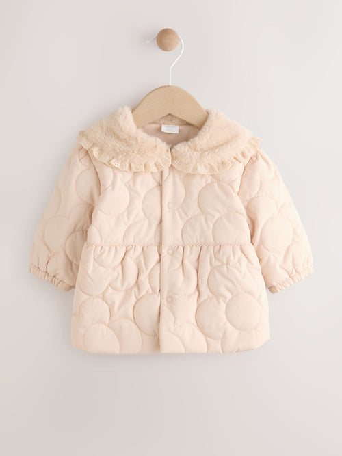 Neutral Oversized Collar Faux Fur Quilted Baby Jacket (0mths-2yrs)