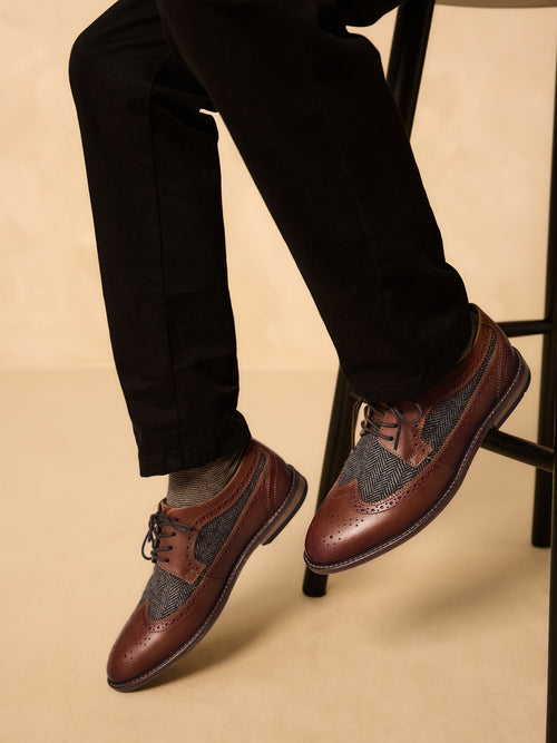 Tan Brown Herringbone Detail Standard Fit (F) Leather Laceup Brogue Shoes