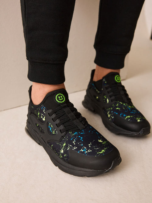 Black Blue Splat Standard Fit (F) Elastic Lace Trainers