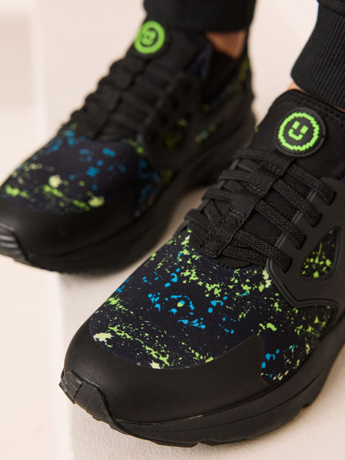 Black Blue Splat Standard Fit (F) Elastic Lace Trainers
