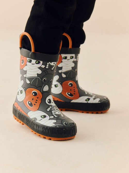 Black/Orange Halloween Handle Pull On Wellies