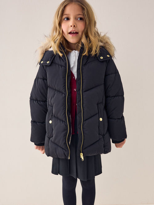 Black Shower Resistant Faux Fur Trim Padded Coat (3-16yrs)