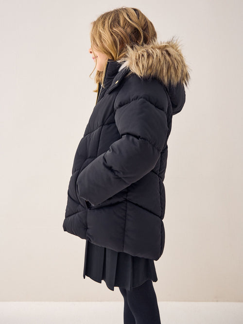 Black Shower Resistant Faux Fur Trim Padded Coat (3-16yrs)