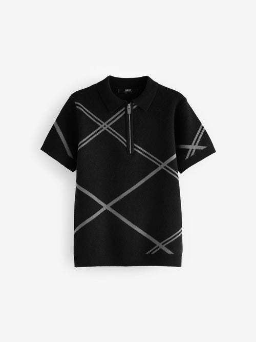Black Argyle Knitted Zip Neck Polo Shirt (3-16yrs)