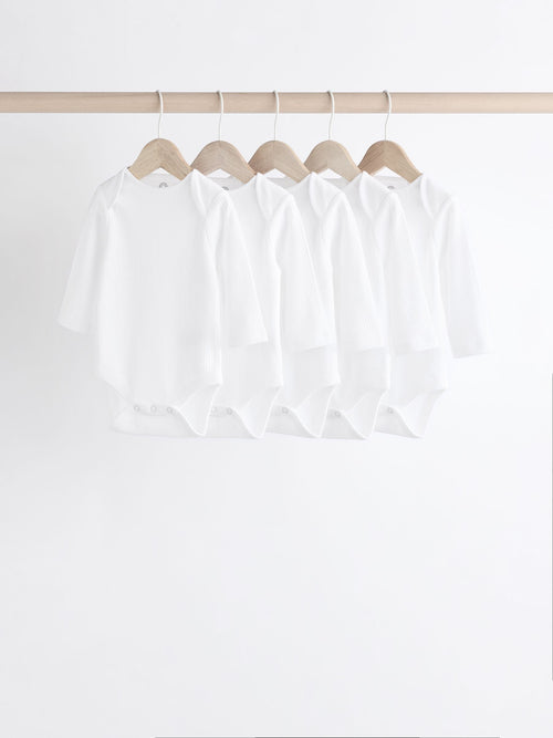 White Long Sleeve Rib Baby Bodysuits 5 Pack