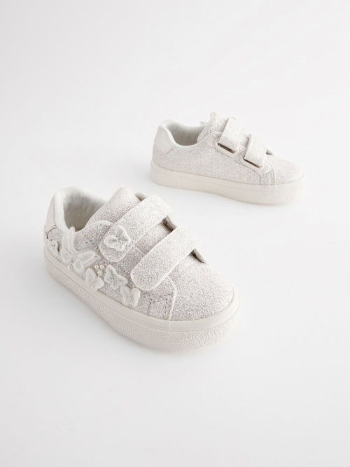 White Glitter Wide Fit (G) Butterfly Touch Fasten Strap Trainers