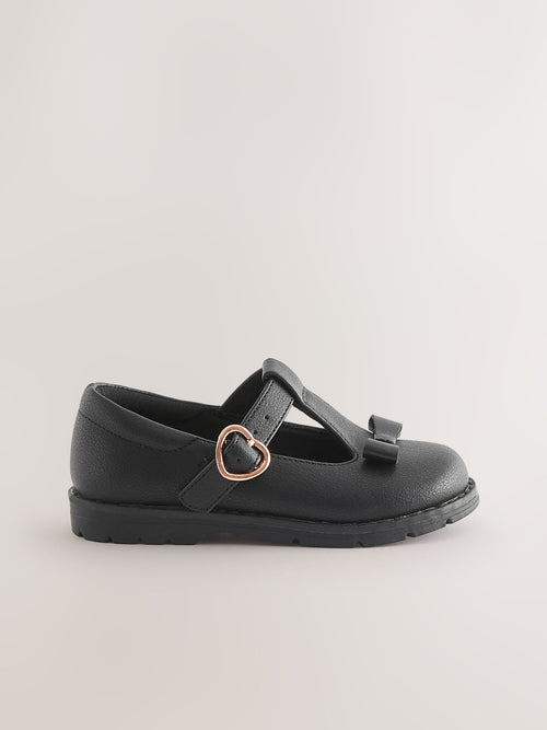 Black Matt Standard Fit (F) School Junior Bow T-Bar Shoes