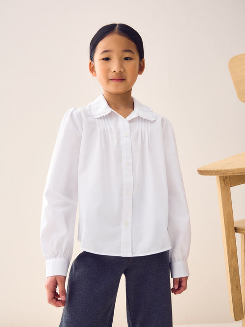 White Girls Long Sleeve Ruffle Collar School Shirt (3-14yrs)
