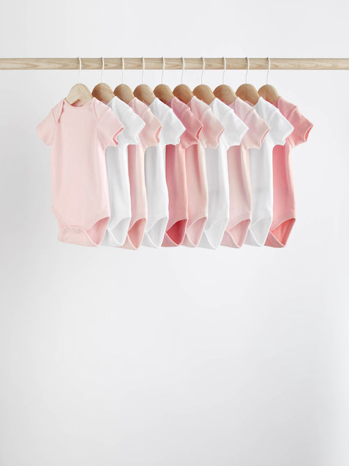 Pink/White 10 Pack Essential Short Sleeve Baby Bodysuits