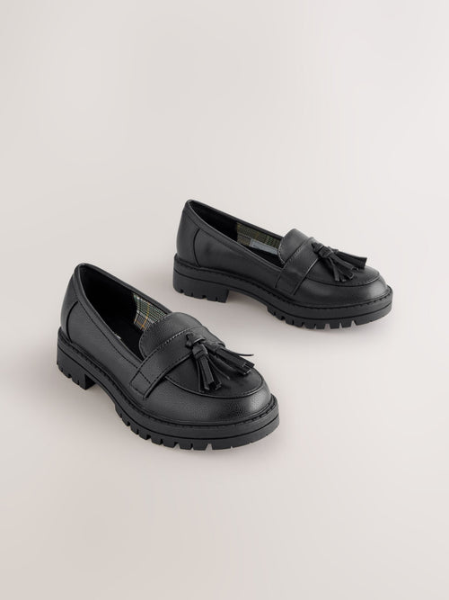 Matt Black Standard Fit (F) School Chunky Tassel Loafers