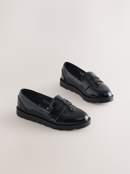 Black Patent School Leather Slim Sole Loafers