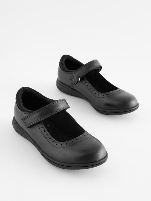 Matt Black Narrow Fit (E) School Leather Brogue Detail Mary Jane Shoes