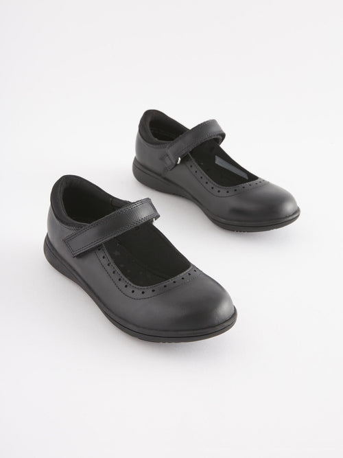 Navy Blue Standard Fit (F) School Leather Brogue Detail Mary Jane Shoes