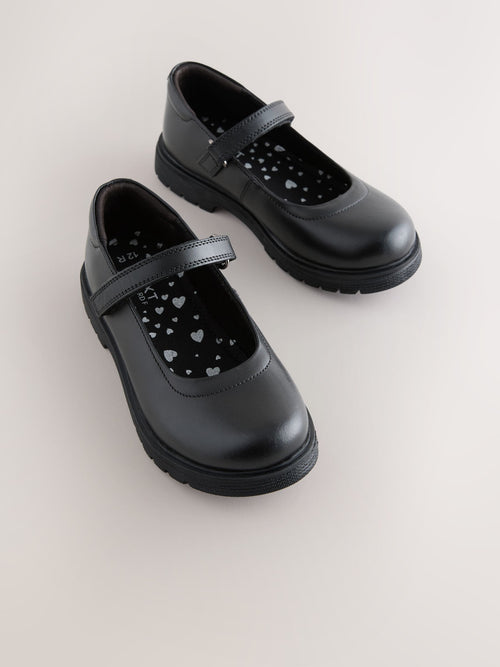 Matt Black Wide Fit (G) School Leather Chunky Mary Jane Shoes