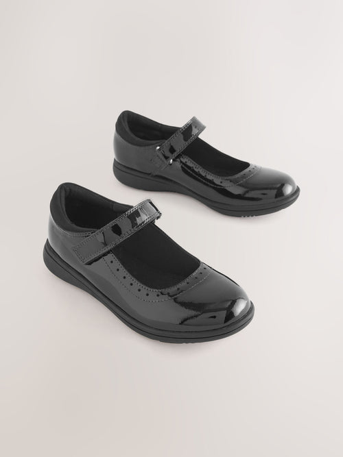 Black Patent Standard Fit (F) School Leather Brogue Detail Mary Jane Shoes