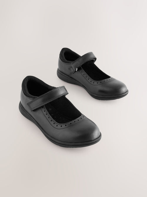 Matt Black Standard Fit (F) School Leather Brogue Detail Mary Jane Shoes