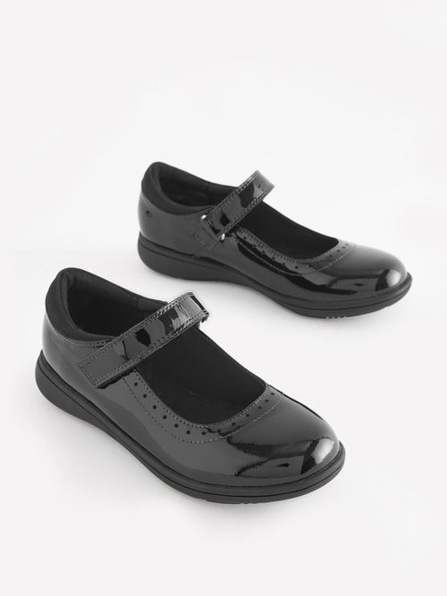 Black Patent Wide Fit (G) School Leather Brogue Detail Mary Jane Shoes