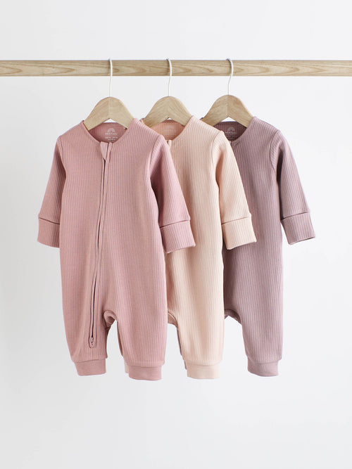 Pink 3 Pack Two Way Zip Baby Sleepsuits (0mths-3yrs)