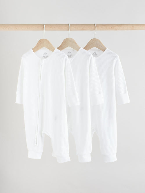 White 100% Cotton Two Way Zip Baby Footless Sleepsuits 3 Pack (0mths-2yrs)