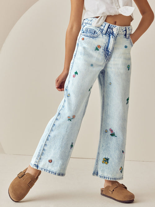 Mid Blue Wide Fit Floral Embroidered Straight Leg Jeans (3-16yrs)