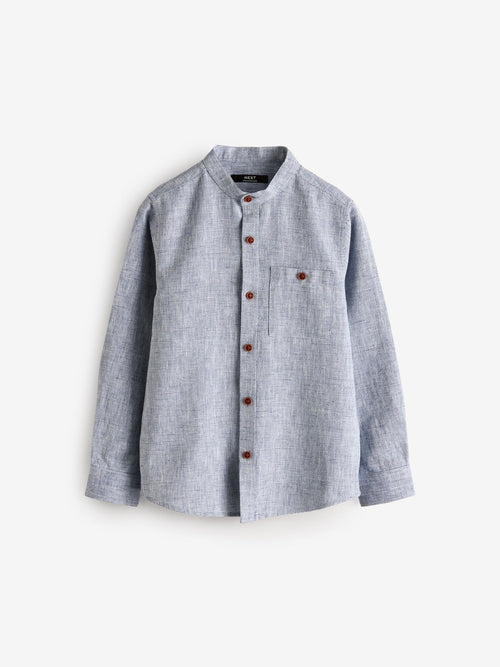 Blue Long Sleeve Grandad Collar Cotton/Linen Mix Texture Shirt (3-16yrs)