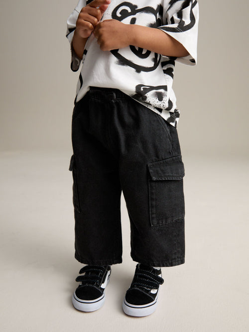 Black Denim Wide Leg Pull On Cargo Jeans (3mths-7yrs)