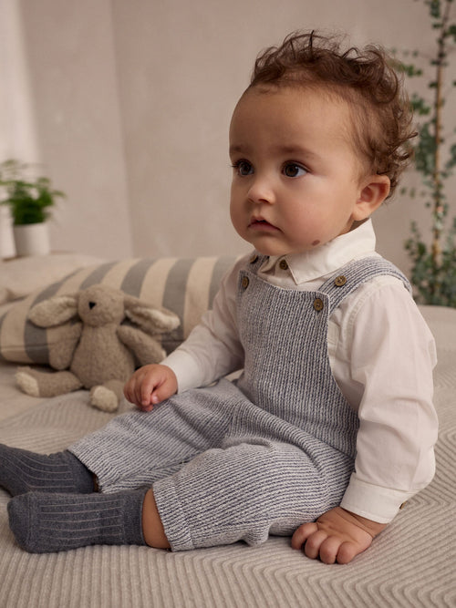 Grey/White Woven Cotton Baby Dungaree and Bodysuit Set (0mths-3yrs)