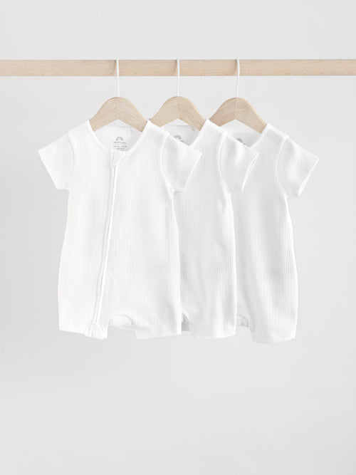 White 3 Pack Two Way Zip Baby 100% Cotton Rompers (0mths-3yrs)